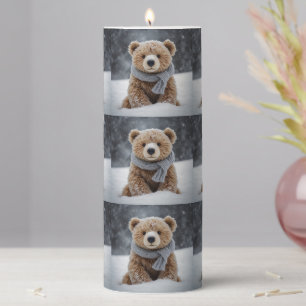 Winter Teddy Bear Pillar Candle