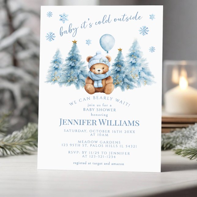 Winter Teddy Bear Pine Snowflakes Baby Girl Shower Invitation (Creator Uploaded)