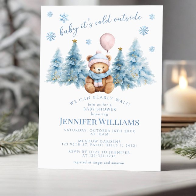 Winter Teddy Bear Pine Trees Baby Girl Shower Invitation (Creator Uploaded)