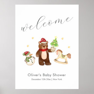 Winter Teddy Bear Snowman Baby Shower Welcome Poster