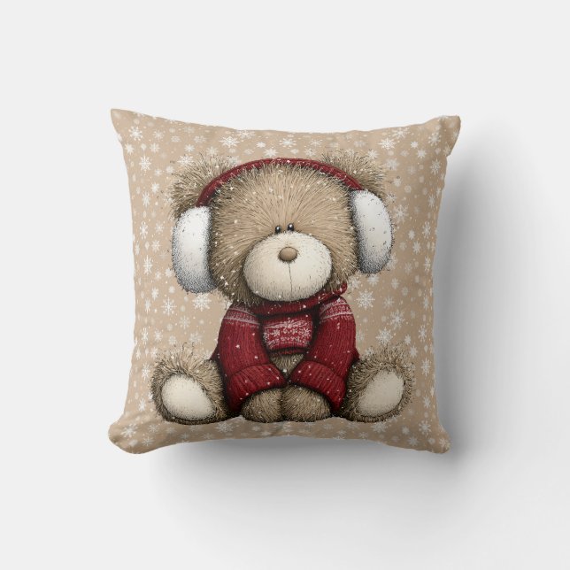 Winter Teddy Bear Throw Pillow (Front)