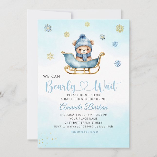 Winter Teddy Bear We Can Bearly Wait Baby shower  Invitation (Front)