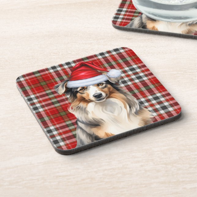 Winter Theme Australian Shepherd Dog Red Plaid Beverage Coaster (Left Side)