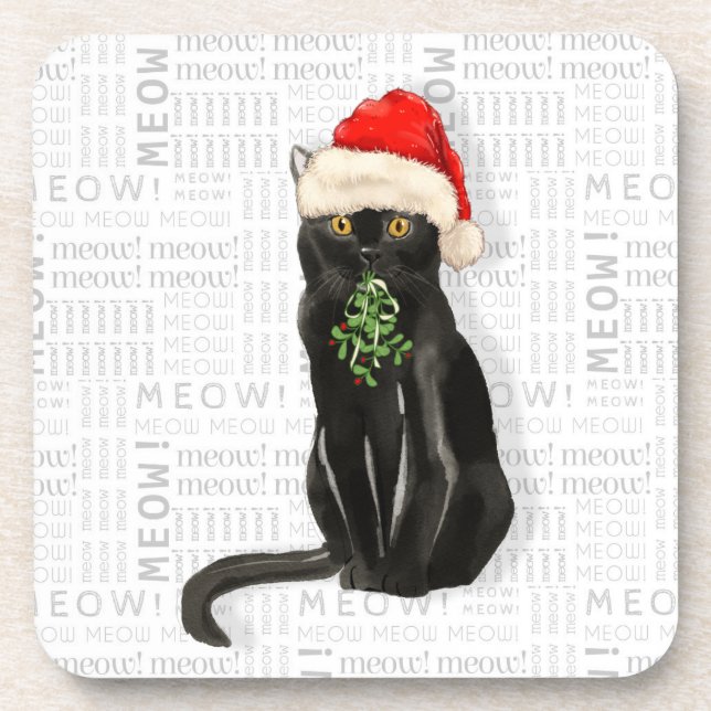 Winter Theme Black Bombay Cat Meow Word Art Beverage Coaster (Front)
