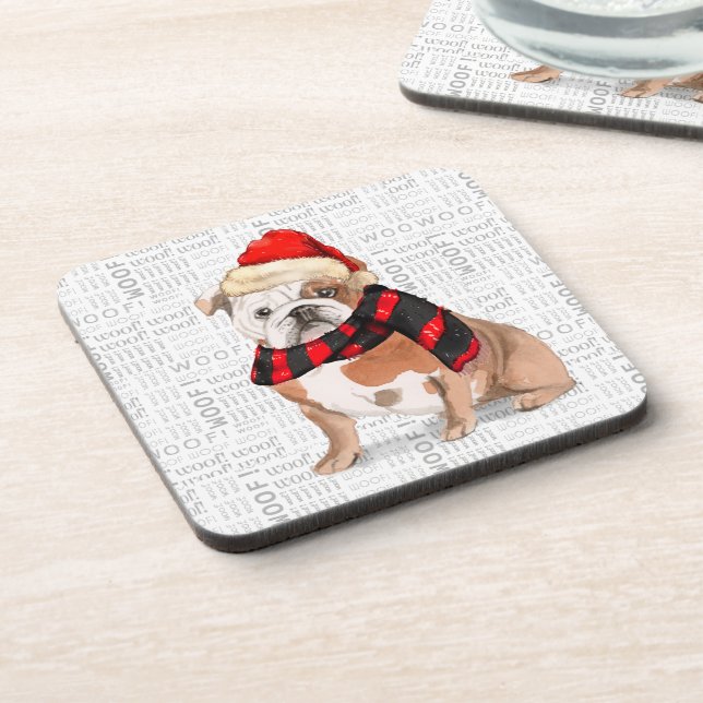 Winter Theme English Bulldog Woof Word Art Beverage Coaster (Left Side)