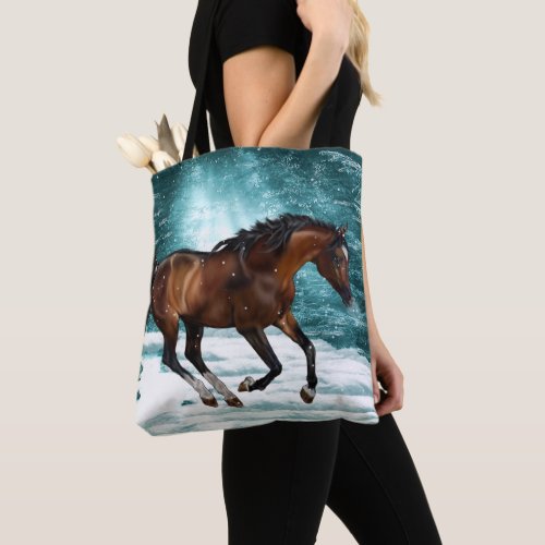 Winter Theme Galloping Arabian Horse Tote Bag