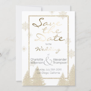 Winter Theme Gold and Ivory Glitter Save the Date Invitation