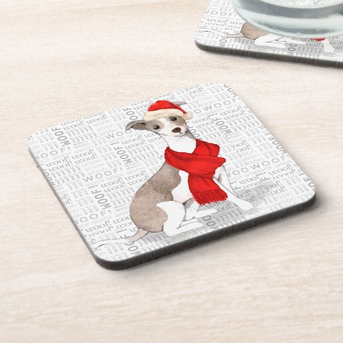 Winter Theme Italian Greyhound Woof Word Art Beverage Coaster