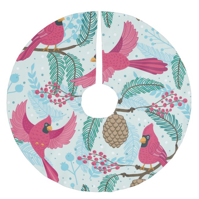 Winter Theme: Red Cardinal Pattern. Brushed Polyester Tree Skirt (Front)
