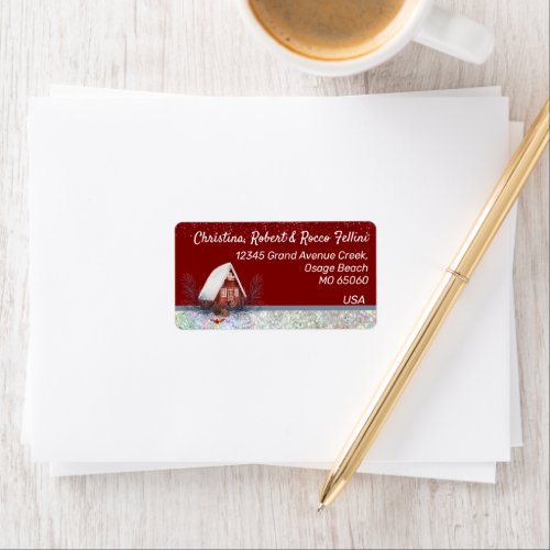 Winter theme Snowy house on red background custom  Label