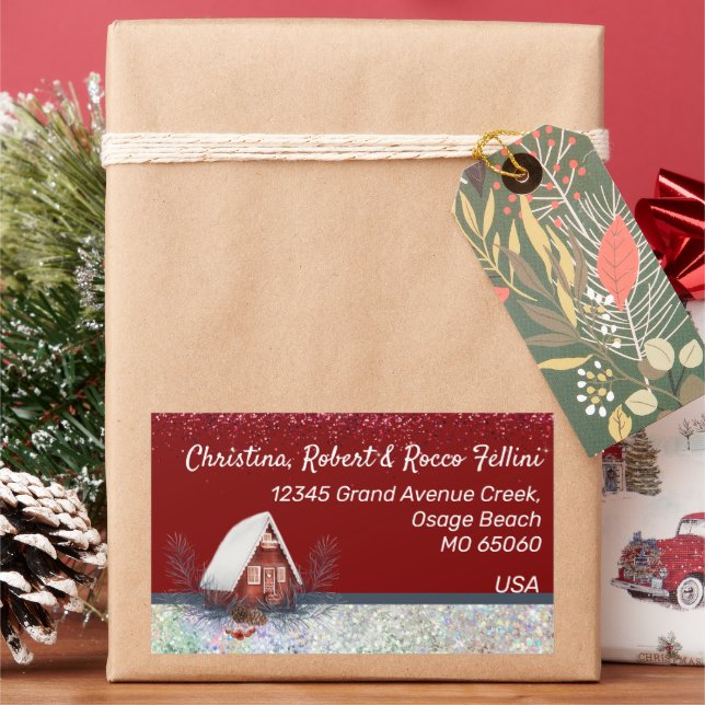 Winter theme snowy house on red custom rectangular sticker (Holiday)