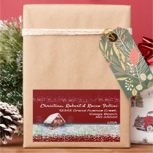 Winter theme snowy house on red custom rectangular sticker