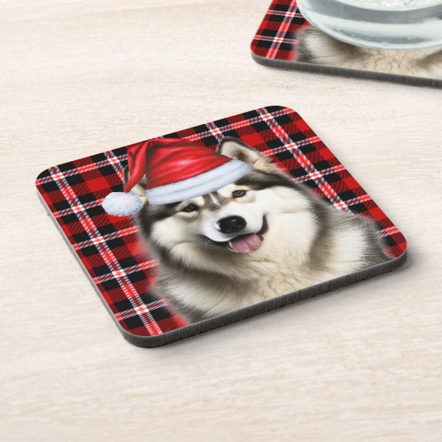 Winter Themed Alaskan Malamute Holiday Plaid Beverage Coaster (Left Side)