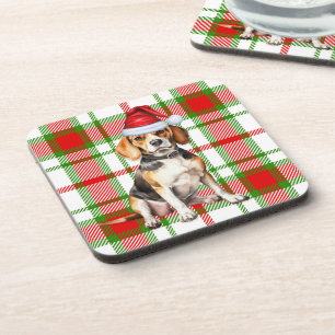 Winter Themed Beagle Red Green Plaid Holiday Beverage Coaster