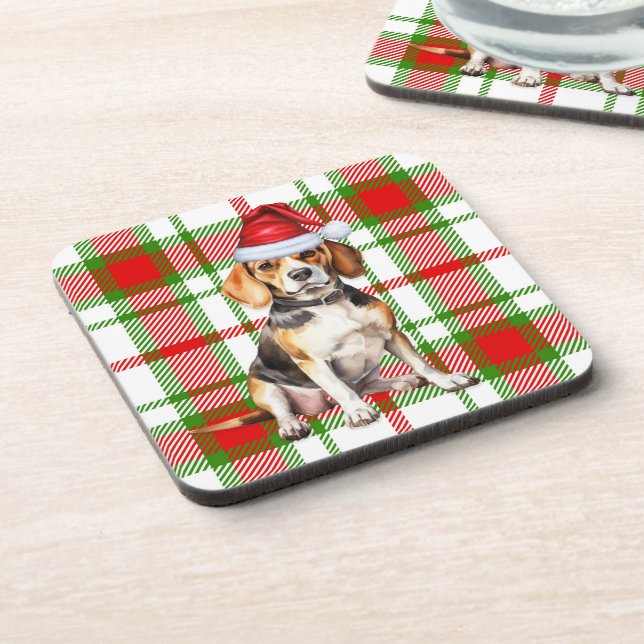 Winter Themed Beagle Red Green Plaid Holiday Beverage Coaster (Left Side)