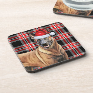 Winter Themed Belgian Malinois Red Plaid Holiday Beverage Coaster