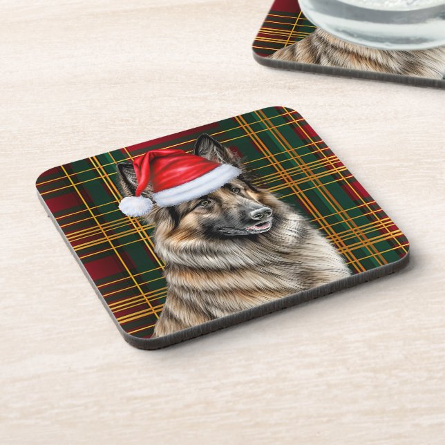 Winter Themed Belgian Tervuren Holiday Plaid Beverage Coaster (Left Side)