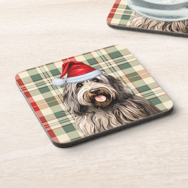 Winter Themed Bergamasco Dog Holiday Plaid Beverage Coaster (Left Side)