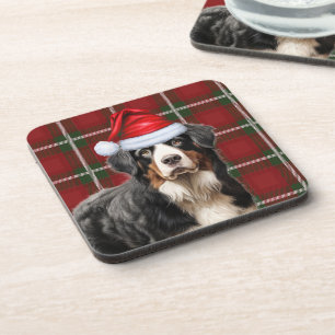 Winter Themed Bernese Mountain Dog Holiday Plaid Beverage Coaster