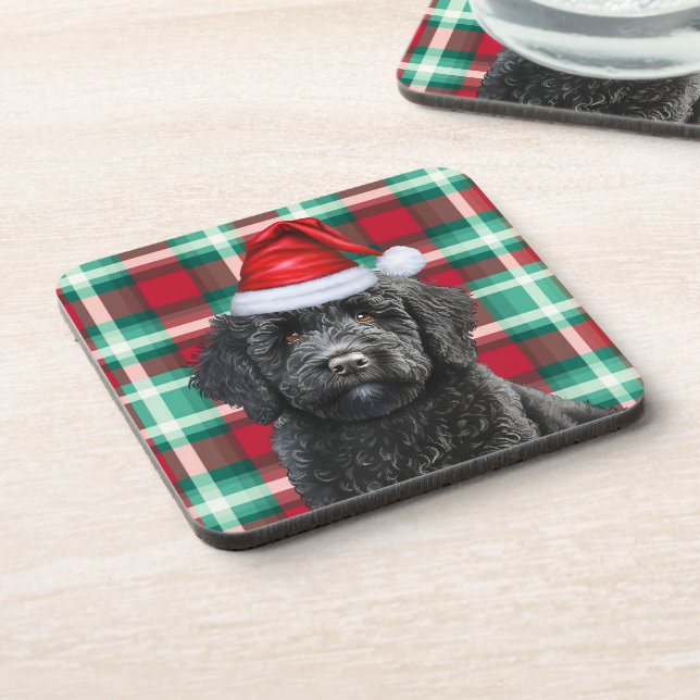 Winter Themed Black Labradoodle Holiday Plaid Beverage Coaster (Left Side)