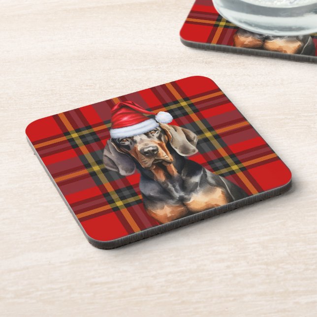 Winter Themed Black Tan Coonhound Holiday Plaid Beverage Coaster (Left Side)