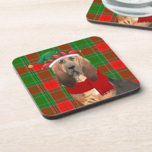 Winter Themed Bloodhound Christmas Plaid Holiday Beverage Coaster