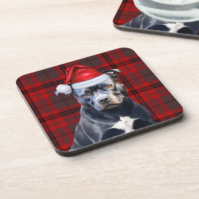 Winter Themed Bluenose Pitbull Red Holiday Plaid Beverage Coaster (Left Side)