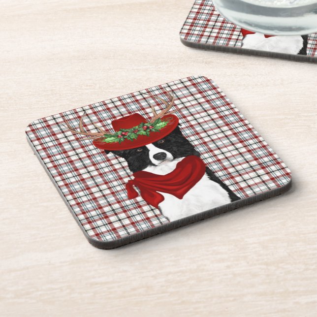 Winter Themed Border Collie Western Plaid Holiday Beverage Coaster (Left Side)