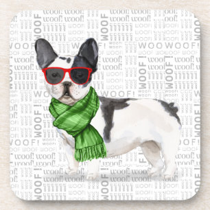 Winter Themed Boston Terrier with Woof Word Art Beverage Coaster