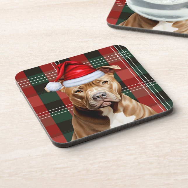 Winter Themed Brown Pitbull Dog Red Holiday Plaid Beverage Coaster (Left Side)