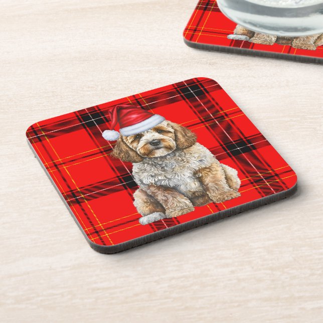 Winter Themed Cockapoo Santa Dog Red Holiday Plaid Beverage Coaster (Left Side)