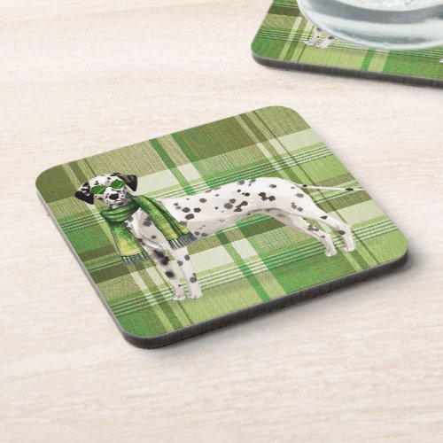 Winter Themed Dalmatian Dog with Green Plaid Beverage Coaster