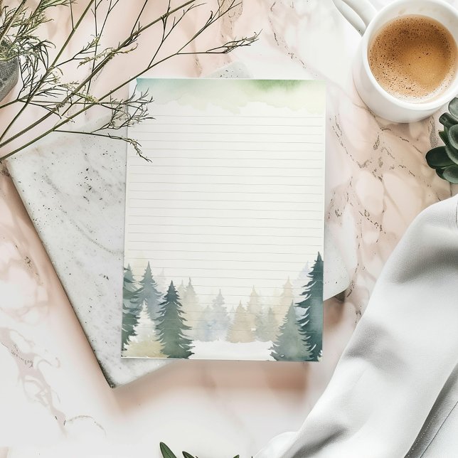 Winter themed green pine trees lined stationery (Watercolor forest lined stationery with pine tree border and soft green accents.)