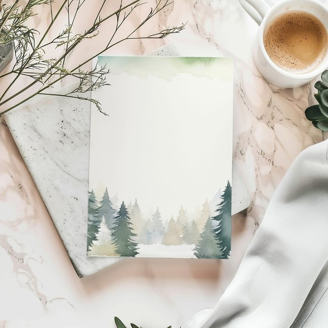 Winter themed green pine trees plain stationery (Watercolor forest stationery with pine tree border and soft green accents.)