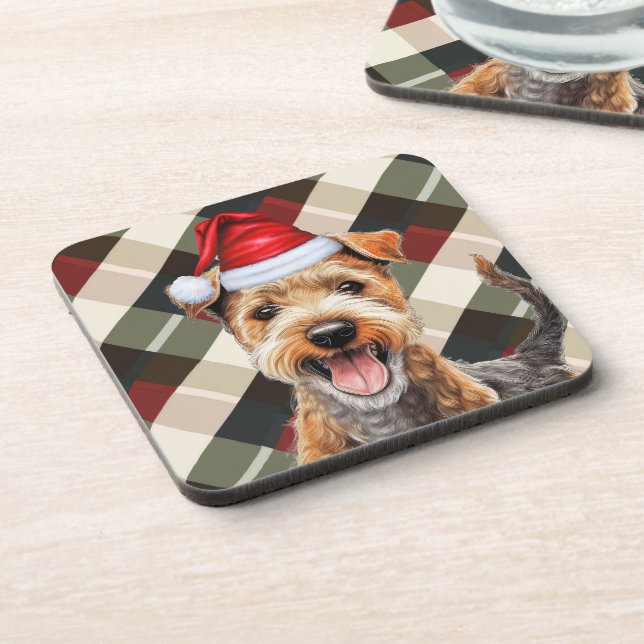 Winter Themed Lakeland Terrier Holiday Plaid Beverage Coaster (Left Side)