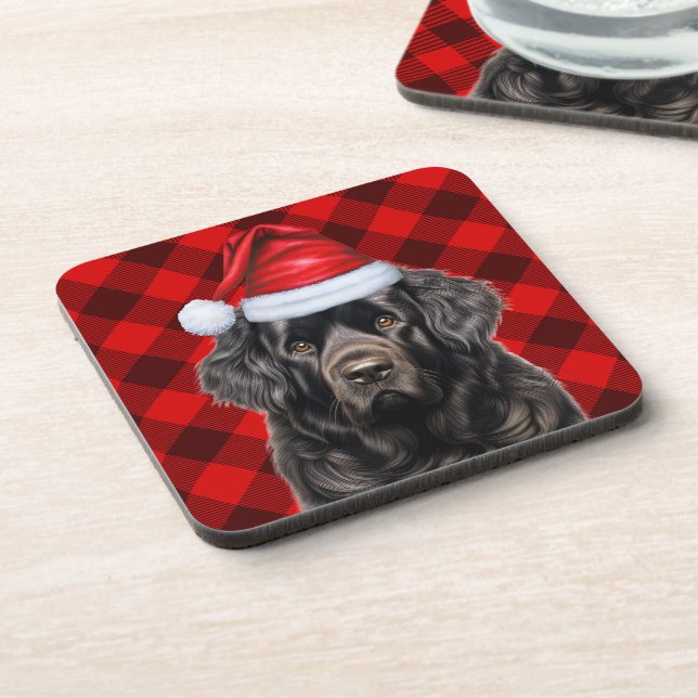 Winter Themed Newfoundland Dog Red Holiday Plaid Beverage Coaster (Left Side)
