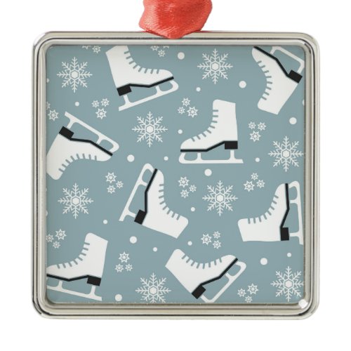 Winter themed pattern with ice skates metal ornament