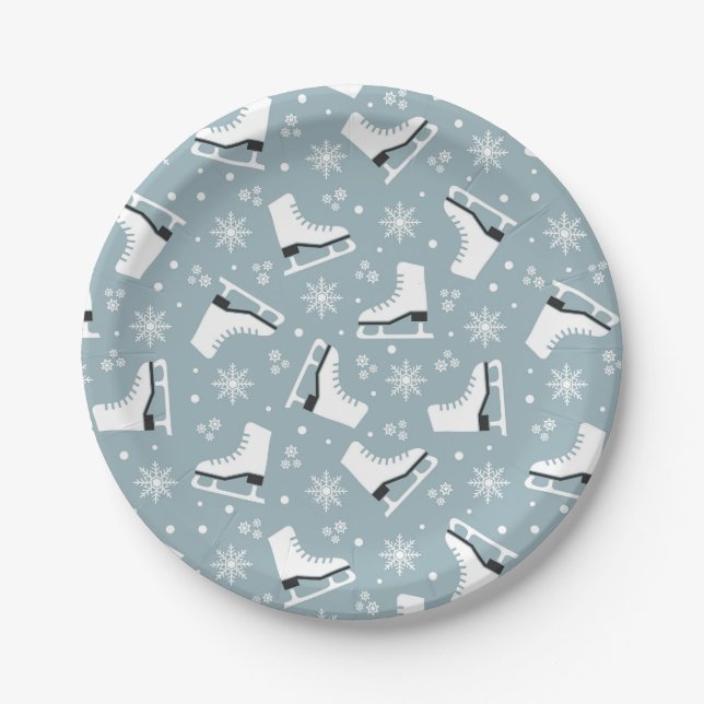 Winter themed pattern with ice skates paper plates (Front)