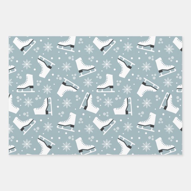 Winter themed pattern with ice skates wrapping paper sheets (Front)