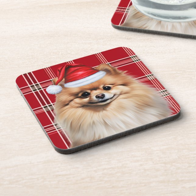 Winter Themed Pomeranian Dog Holiday Plaid Beverage Coaster (Left Side)