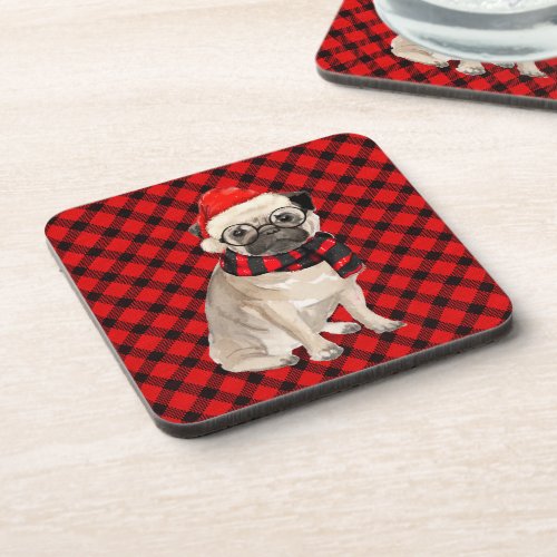 Winter Themed Pug Dog Red and Black Plaid Holiday Beverage Coaster