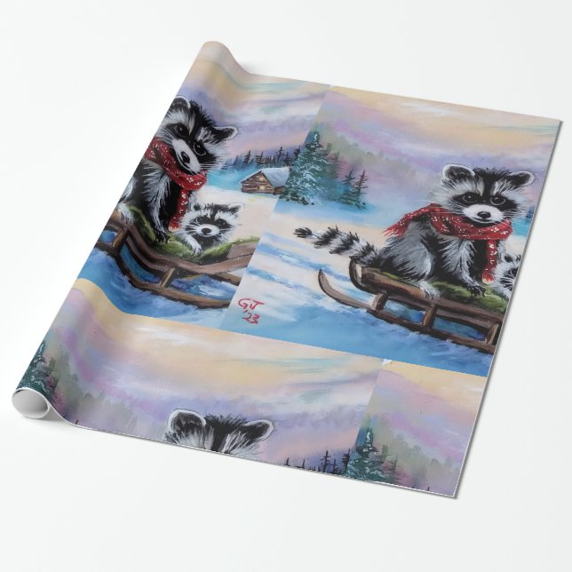 Winter themed raccoon original art Wrapping Paper (Unrolled)