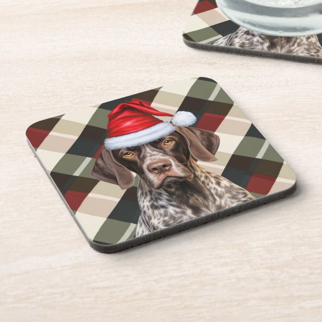 Winter Themed Shorthair Pointer Dog Holiday Plaid Beverage Coaster (Left Side)