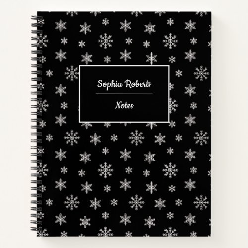 Winter themed snowflakes modern pattern black notebook