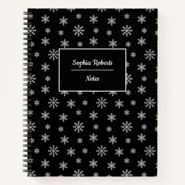 Winter themed snowflakes modern pattern black notebook (Front)