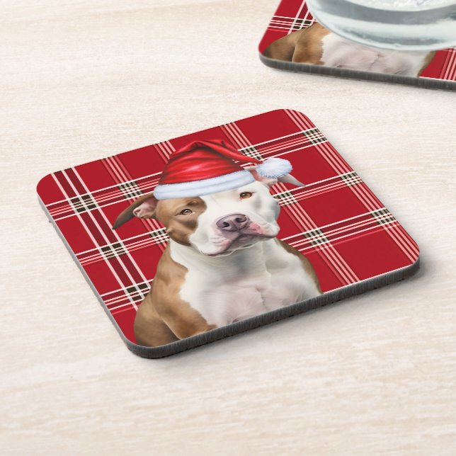 Winter Themed Staffordshire Dog Red Holiday Plaid Beverage Coaster (Left Side)