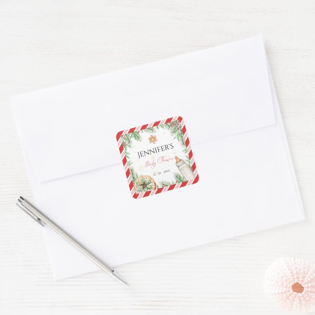 Winter-themed Watercolor Christmas Baby Shower Square Sticker (Envelope)
