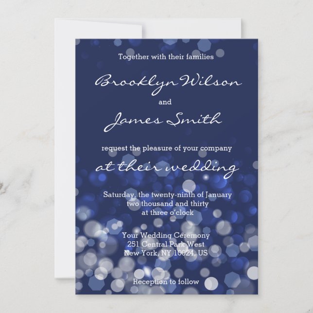 Winter Themed Wedding Invitations Blue Bokeh (Front)