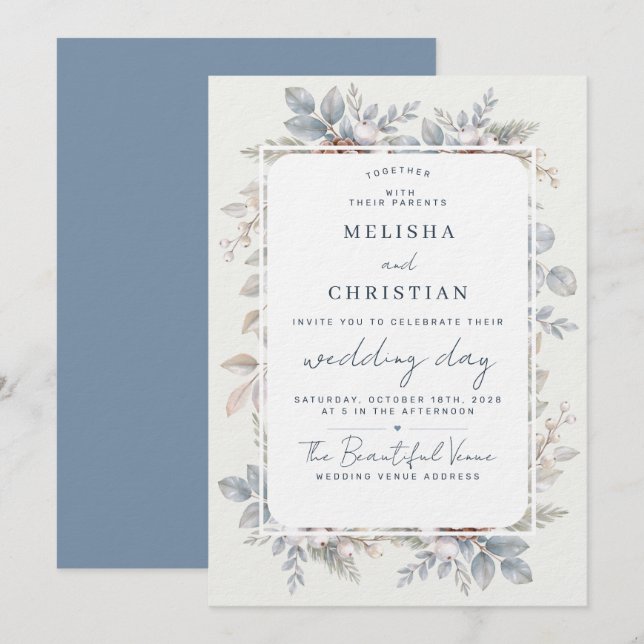Winter-themed wedding "Winter Botanical" | Invitation (Front/Back)