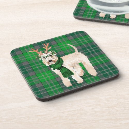 Winter Themed Wheaten Terrier Green Plaid Holiday Beverage Coaster